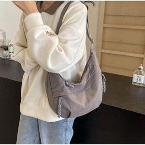 Nylon Gray/Taupe Unisex Crescent Shape Hobo Crossbody Messenger Tote Bag